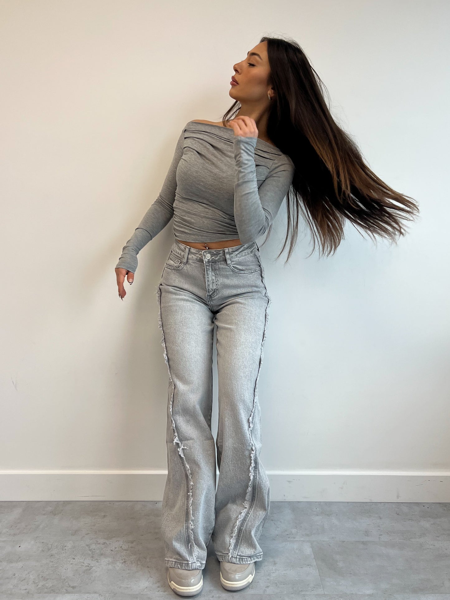 FRINGE STRETCH JEANS GREY