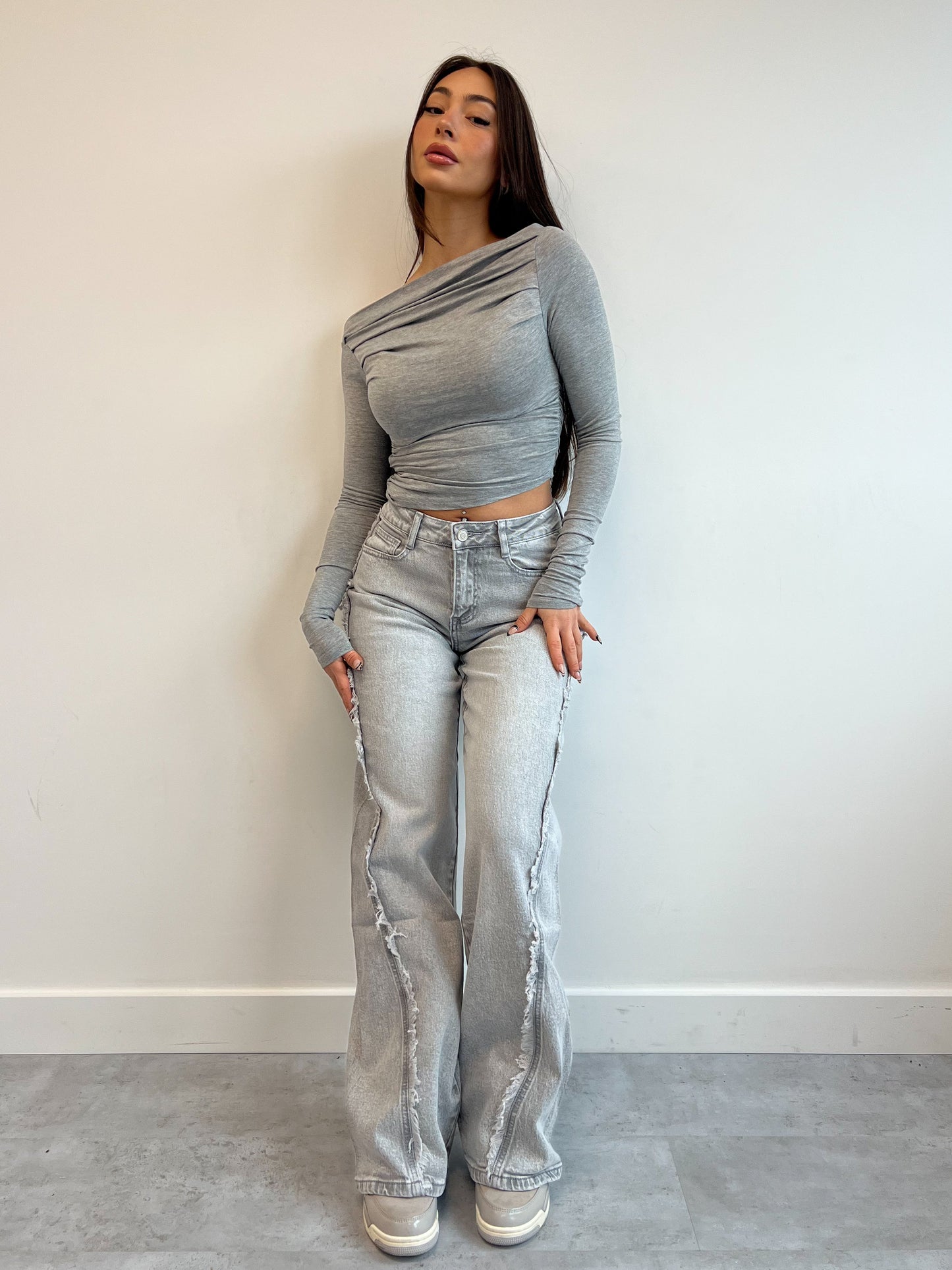 FRINGE STRETCH JEANS GREY