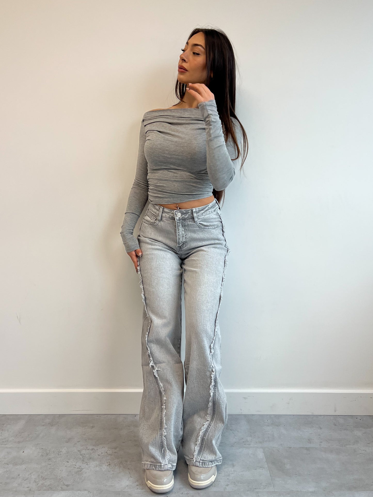 FRINGE STRETCH JEANS GREY