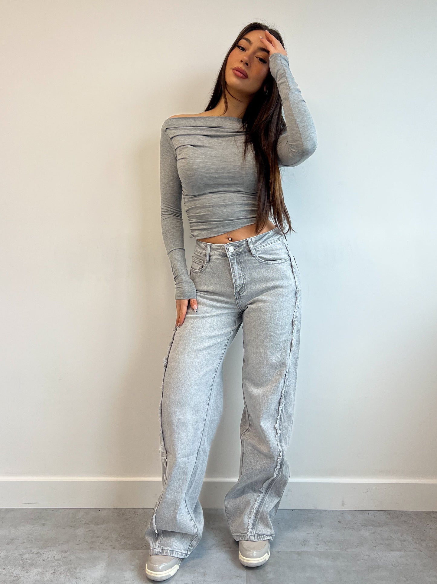 FRINGE STRETCH JEANS GREY