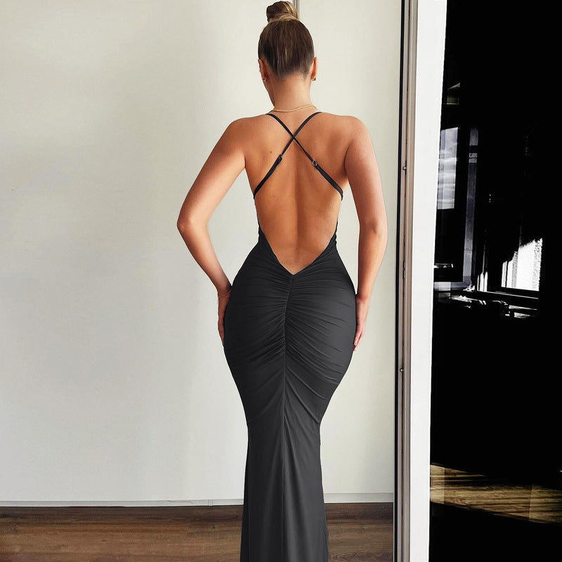 Summer Solid Color Fishtail Dress Sexy Backless Spaghetti Straps Dress